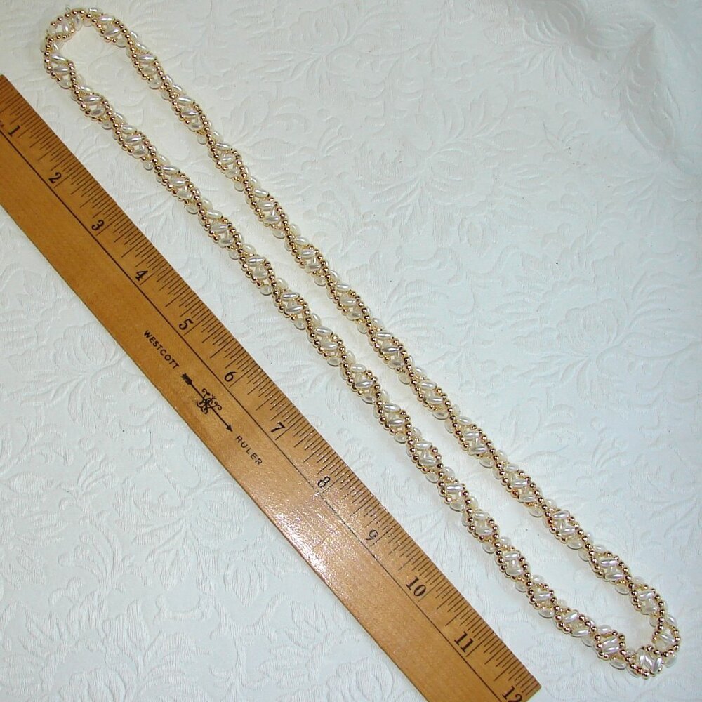 1980's Gold & White Small Beaded 27" Rope NECKLACE, Double Helix Twist  B47